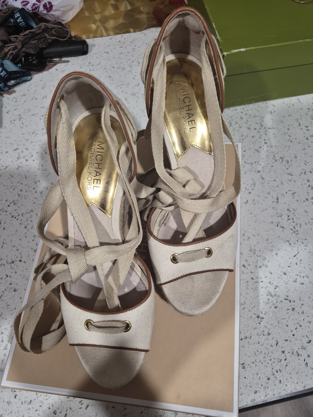 Michael Kors Women's Beige Canvas Lace-Up Espadrille Wedges Size 8.5